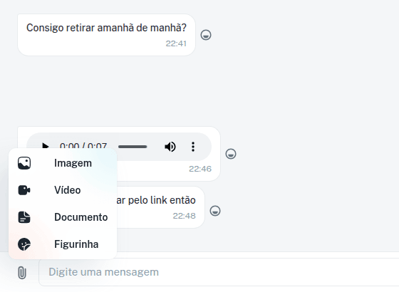 Menu Anexar aberto com as opções Imagem, Vídeo, Documento e Figurinha