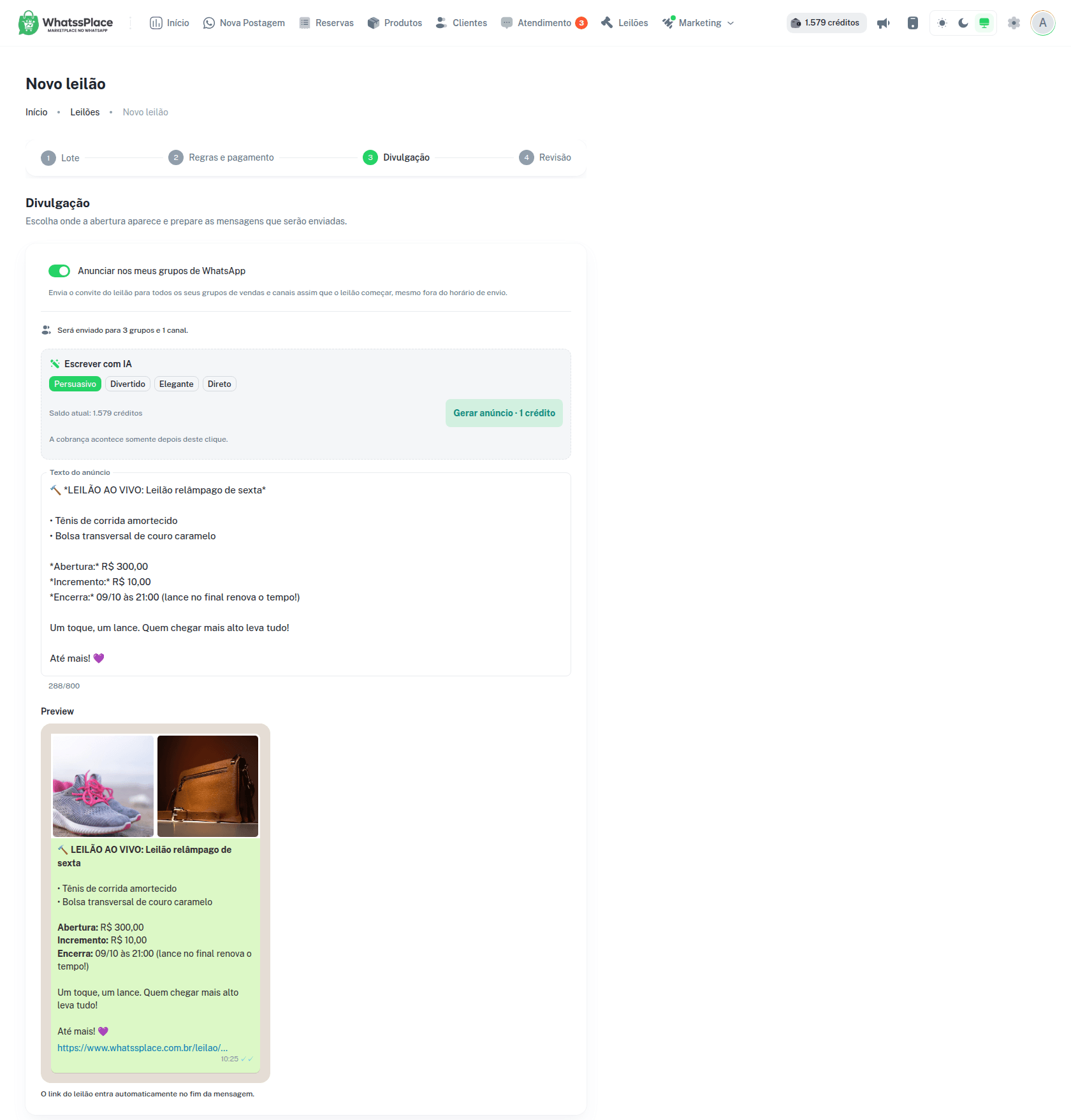 Etapa Divulgação com Anunciar nos meus grupos de WhatsApp, o texto do anúncio e a prévia da mensagem