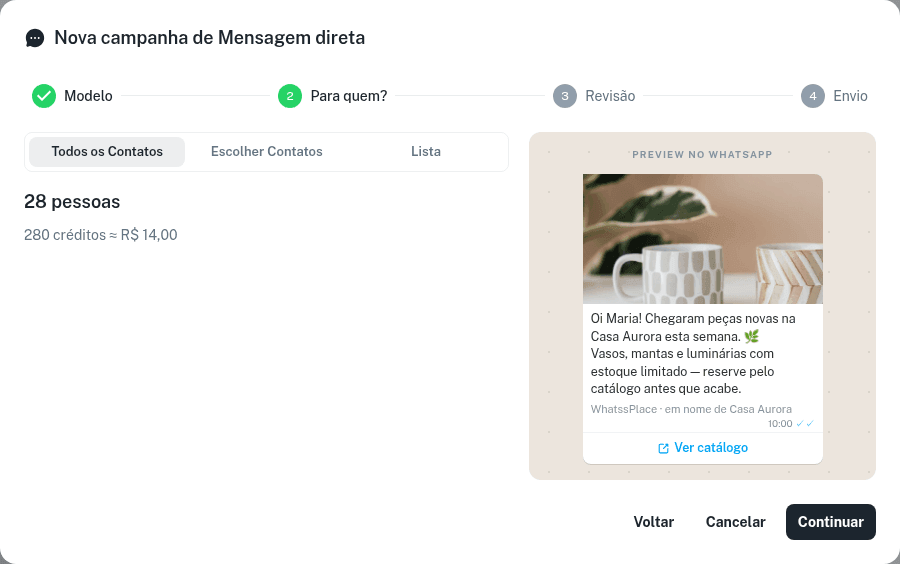 Assistente da Mensagem direta no passo Para quem? com contagem de pessoas e créditos