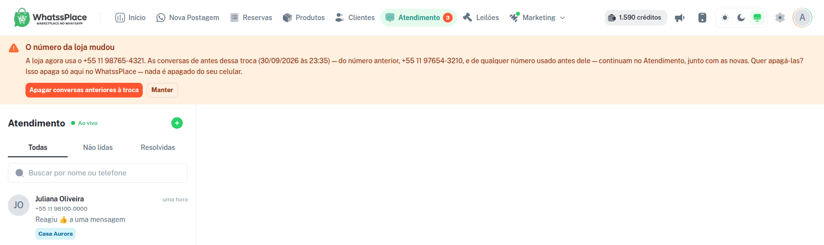 Aviso O número da loja mudou no topo do Atendimento, com os botões Apagar conversas anteriores à troca e Manter