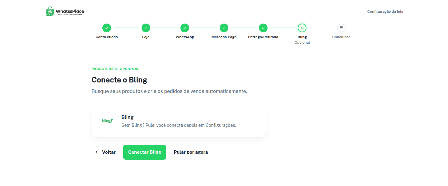 Passo Bling com os botões Conectar Bling e Pular por agora
