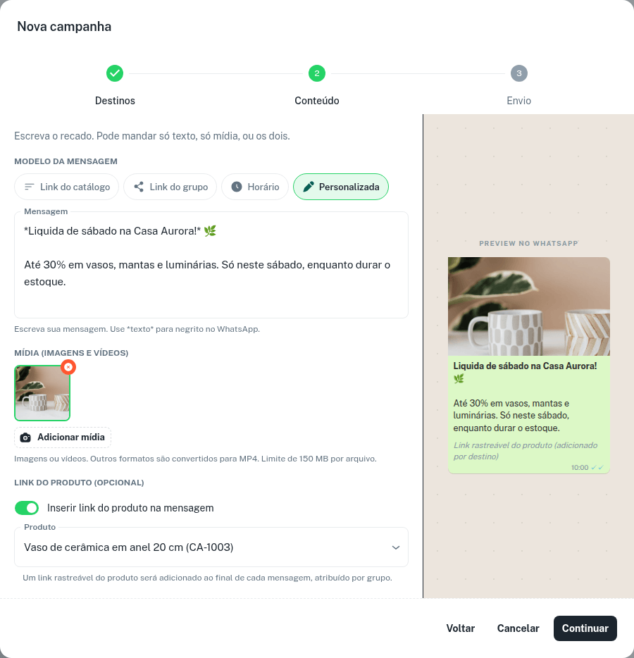 Assistente de campanha para grupos no passo Conteúdo com prévia do WhatsApp