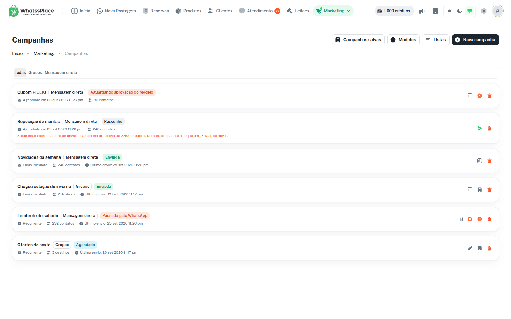 Lista de campanhas com filtro por Canal e chips de status