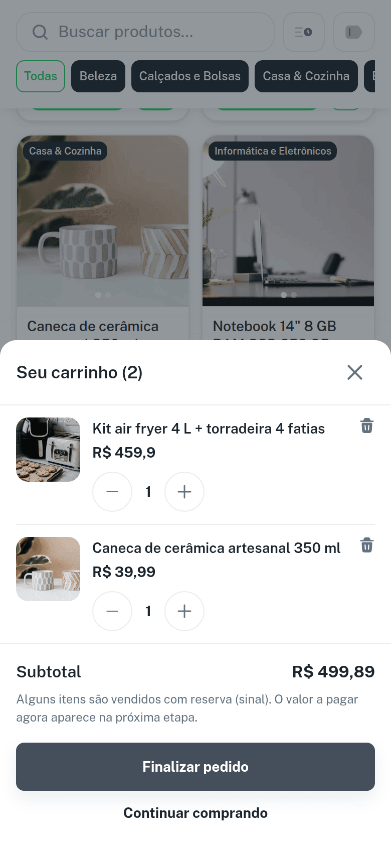 Carrinho aberto no catálogo, com dois produtos, subtotal e botão Finalizar pedido