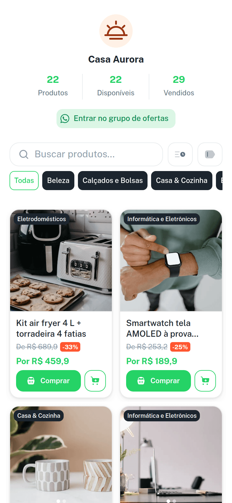 Catálogo público no celular, com a barra de busca e a grade em duas colunas