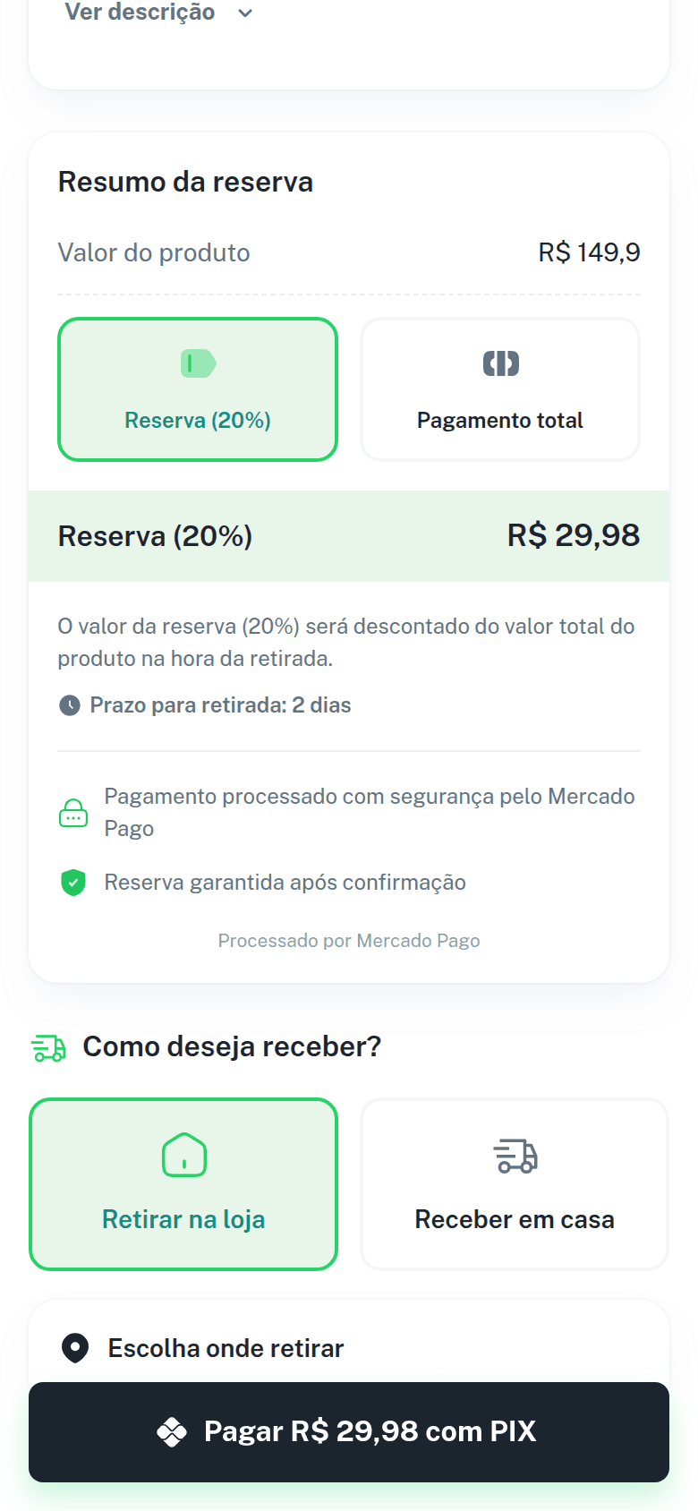 Checkout no celular com o resumo da reserva, a escolha entre Reserva e Pagamento total e o botão de pagar com PIX