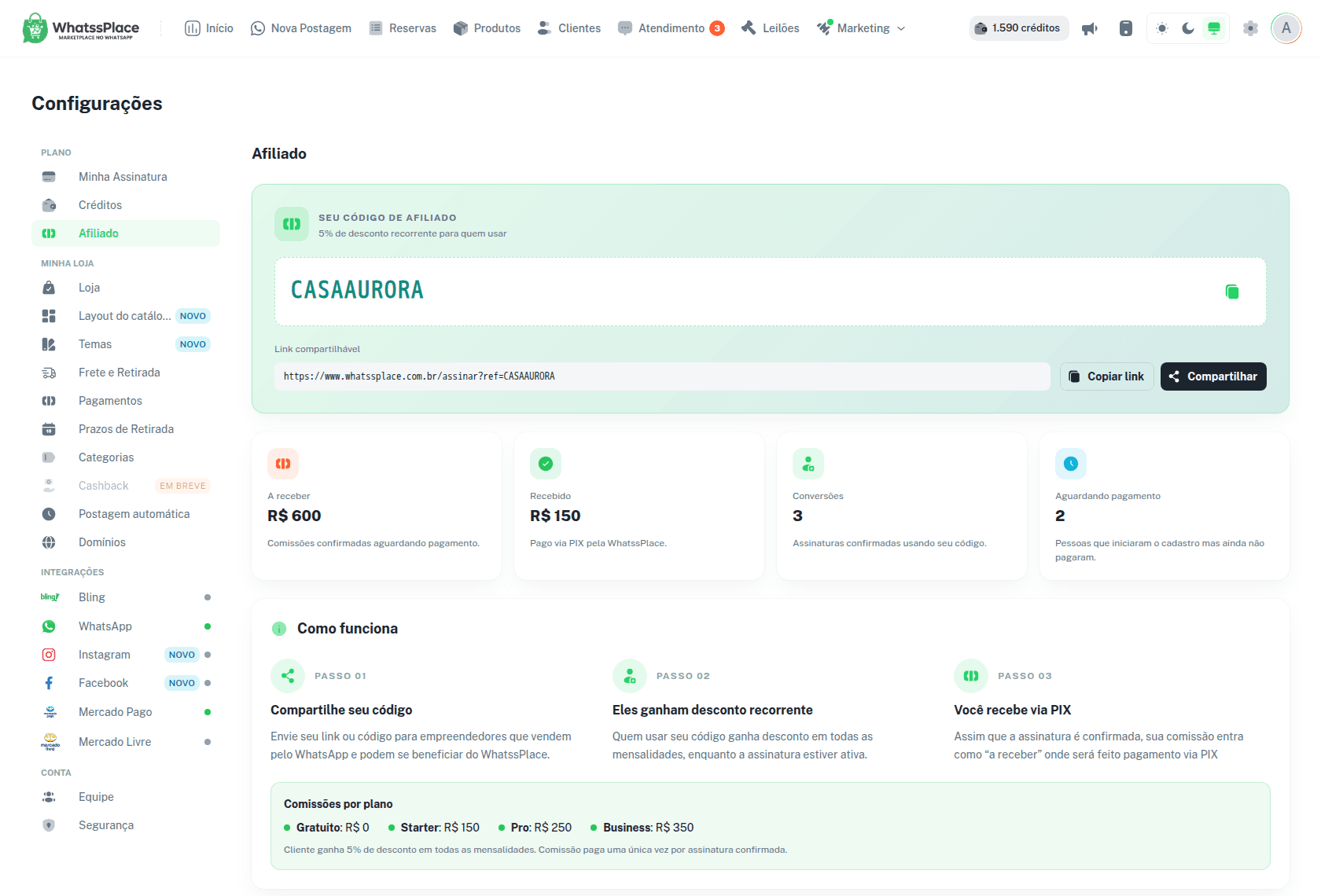 Tela Afiliado com o código de afiliado, o link compartilhável e os botões Copiar link e Compartilhar