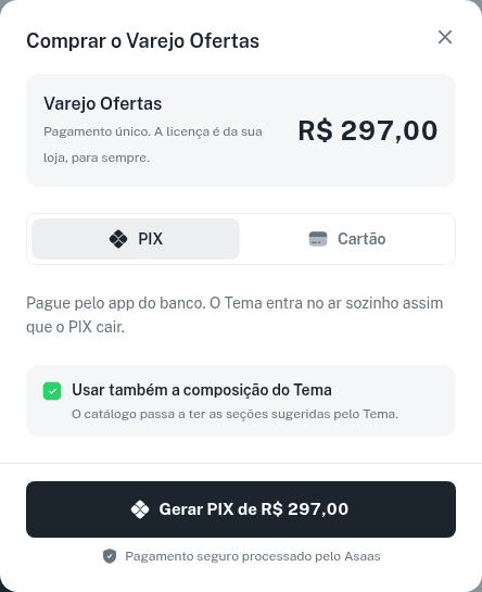 Janela Comprar o Varejo Ofertas com o resumo do preço e a escolha entre PIX e Cartão