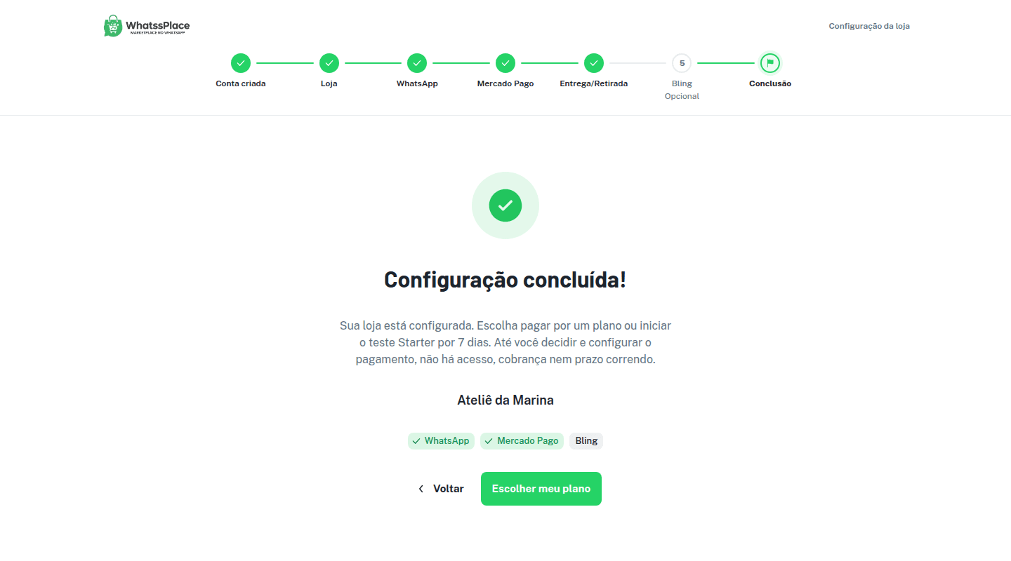 Tela Configuração concluída com o nome da loja, WhatsApp e Mercado Pago marcados, Bling sem marca e o botão Escolher meu plano