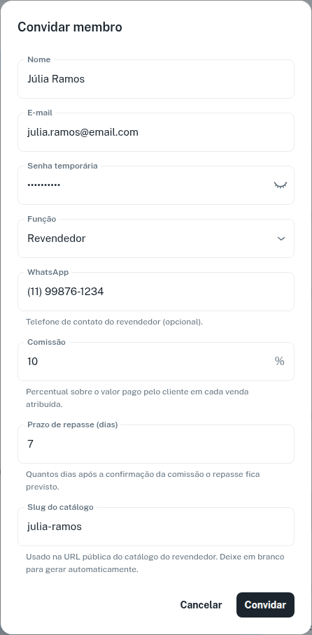 Janela Convidar membro preenchida com Nome, E-mail, Senha temporária e a Função Revendedor, que mostra os campos WhatsApp, Comissão, Prazo de repasse e Slug do catálogo