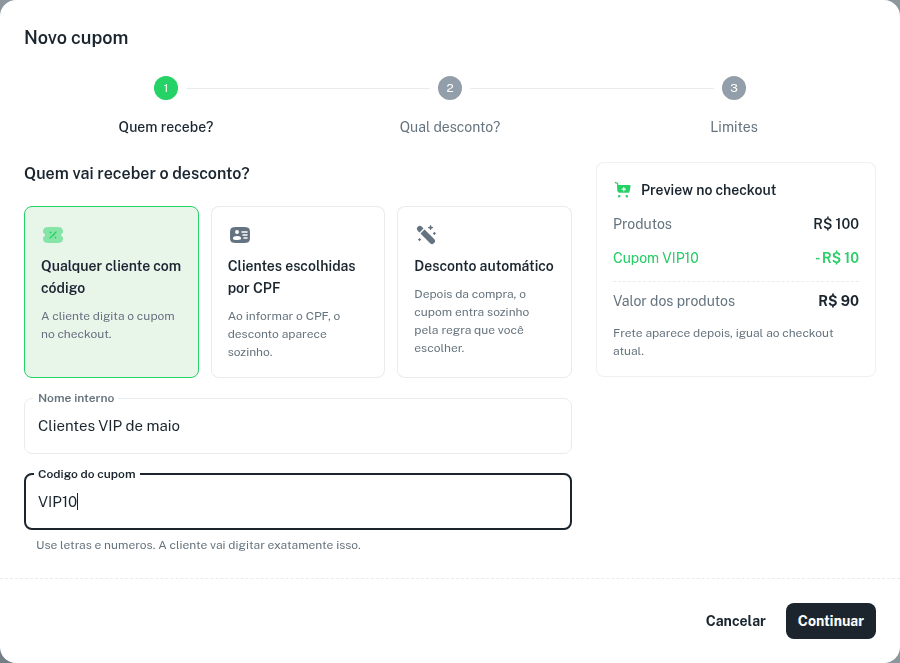 Assistente Novo cupom no passo Quem recebe? com o preview no checkout