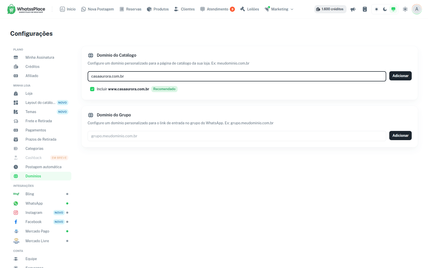 Tela Domínios com um domínio sendo digitado no Domínio do Catálogo, a opção Incluir www marcada como Recomendado e o cartão Domínio do Grupo vazio
