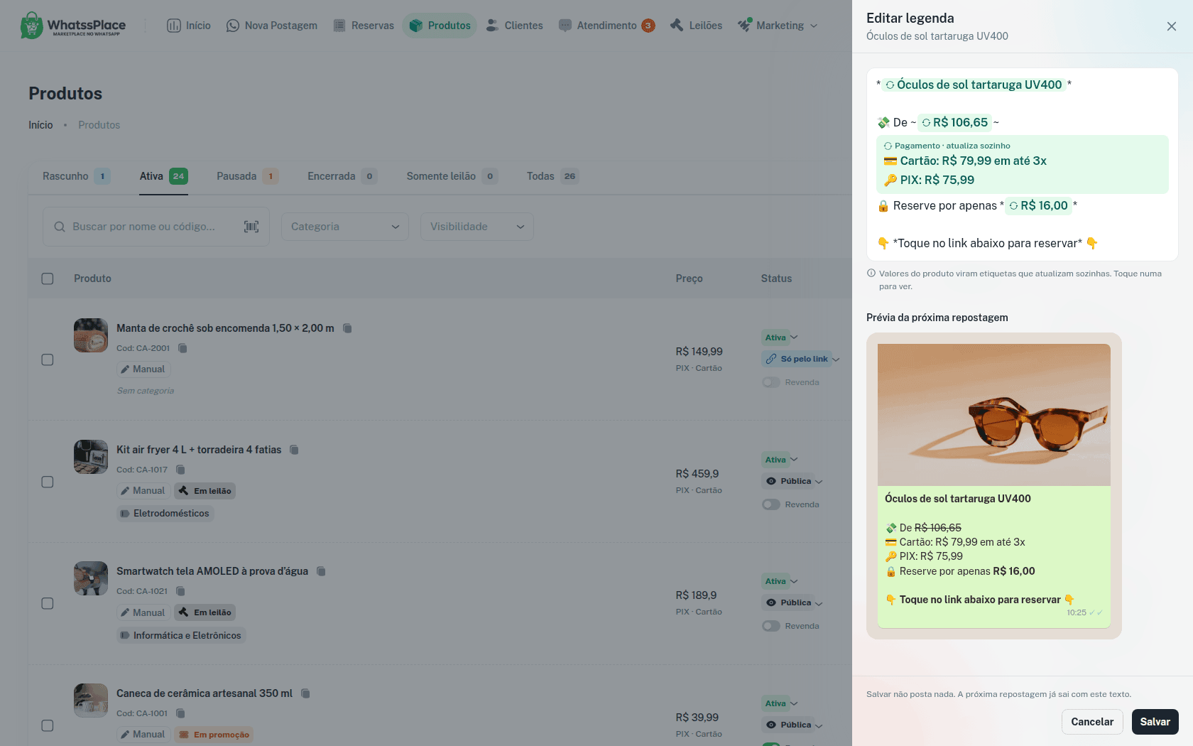 Editor Editar legenda com etiquetas de preço e a prévia da próxima repostagem