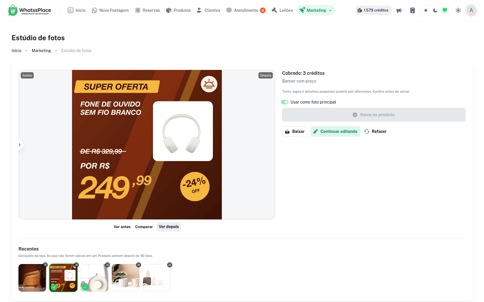 Banner com preço gerado a partir de um produto, com nome, preço De/Por e logo da loja