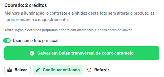 Opção Usar como foto principal e botão de salvar no Produto
