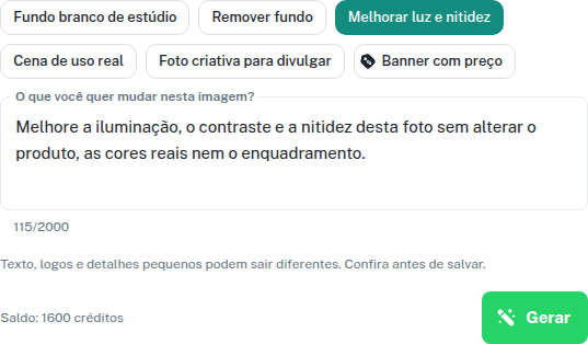 Sugestões de edição acima do campo de pedido no Estúdio de fotos