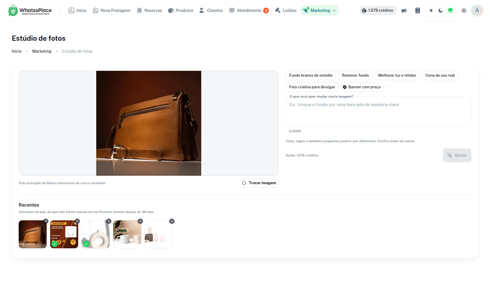 Estúdio de fotos com a foto de origem, as sugestões de edição e o botão Gerar