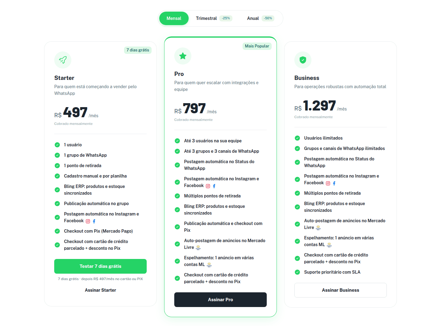 Etapa Plano com o seletor de ciclo e os cartões Starter (7 dias grátis), Pro e Business