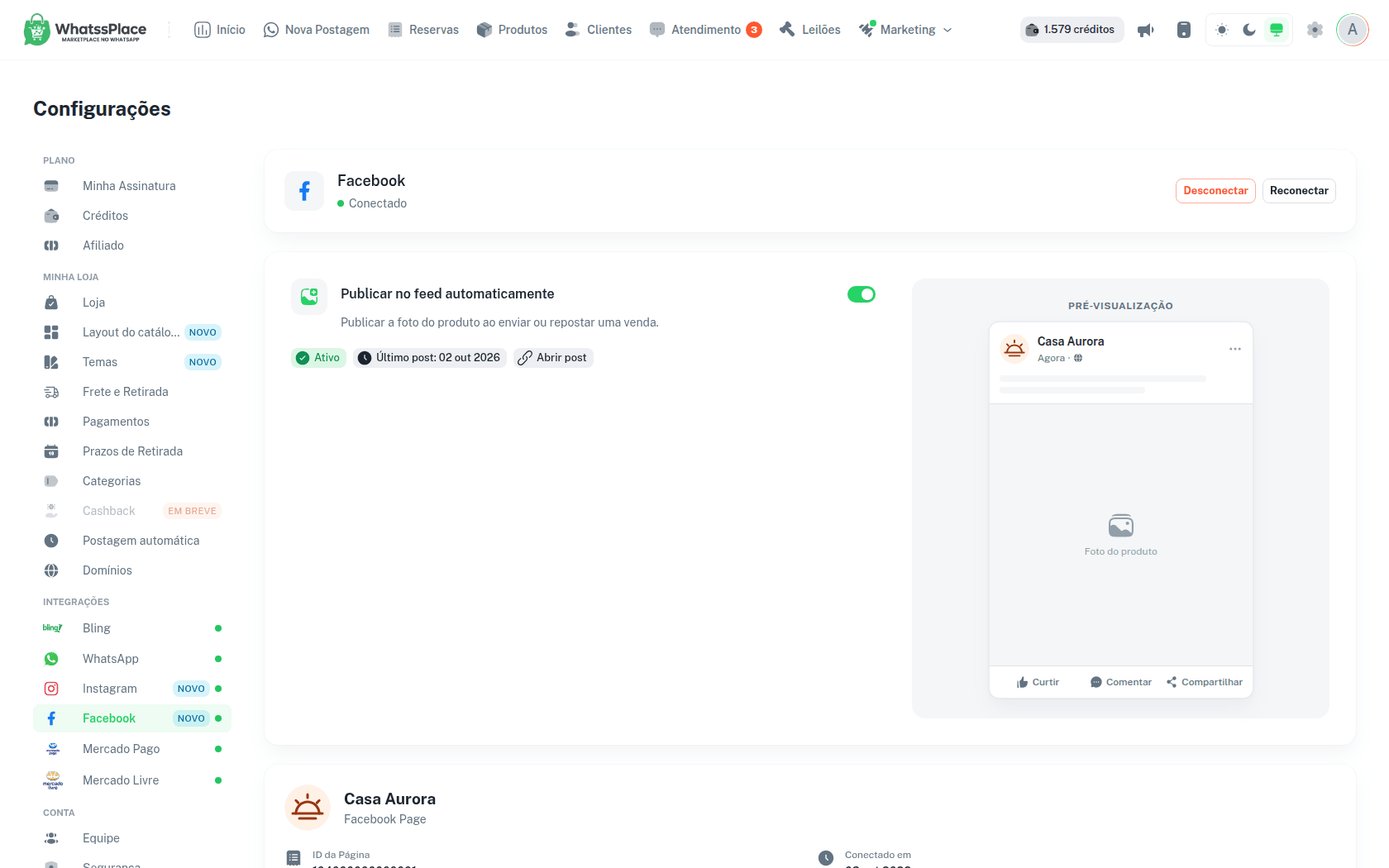 Tela do Facebook conectado, com Publicar no feed automaticamente ligado e a pré-visualização do post