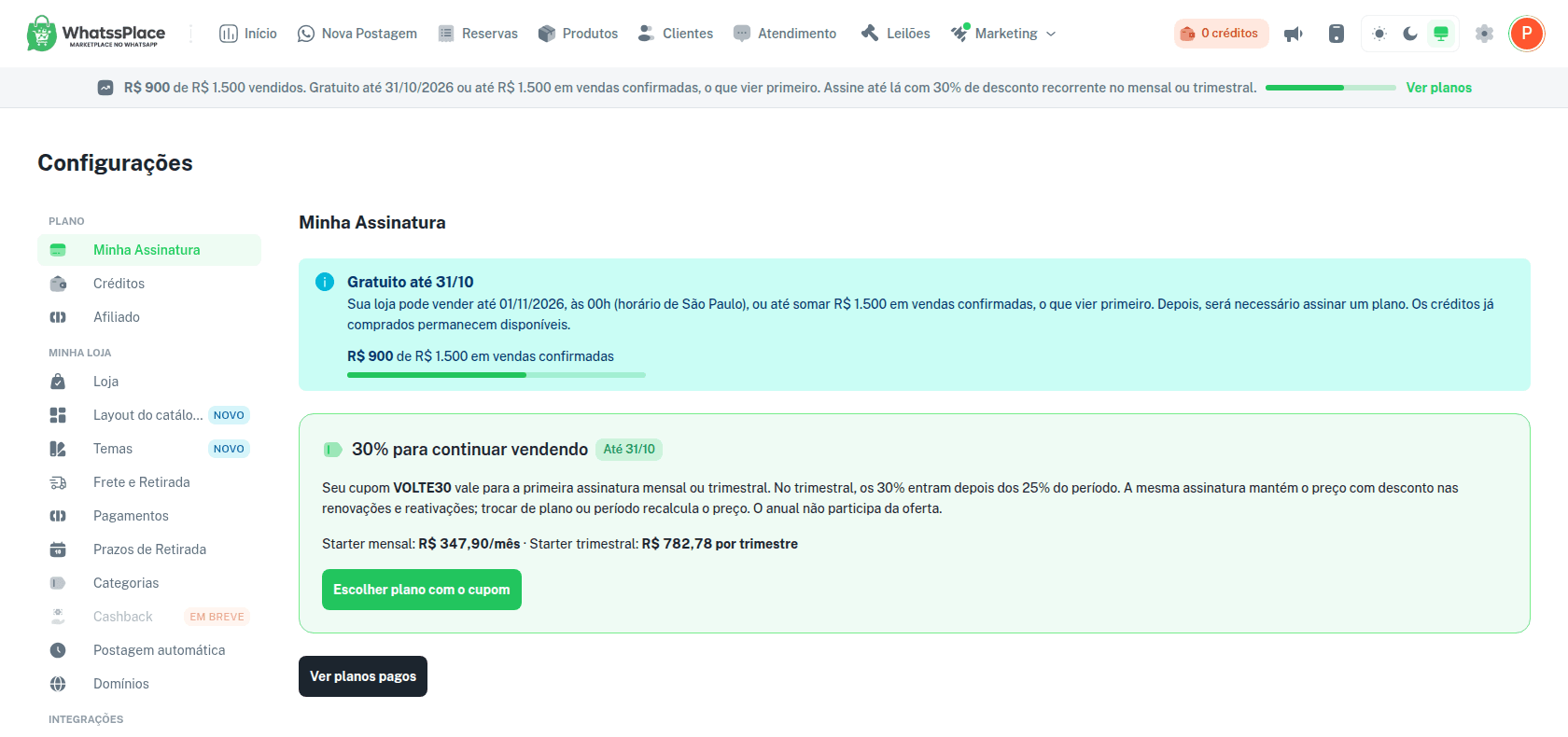 Cartão Gratuito até 31/10 em Minha Assinatura com a barra de vendas confirmadas até R$ 1.500