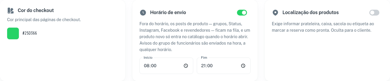 Cartão Horário de envio em Configurações → Loja com início e fim preenchidos