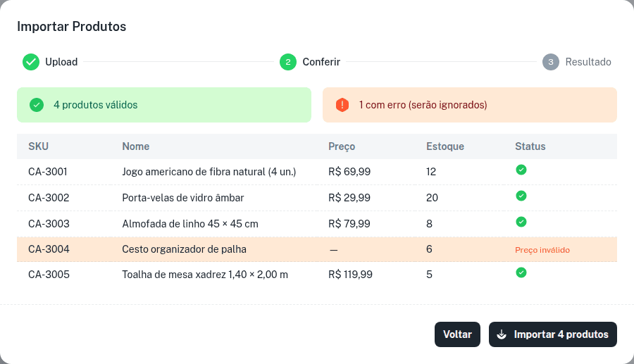 Importação por planilha na etapa Conferir, com as linhas lidas