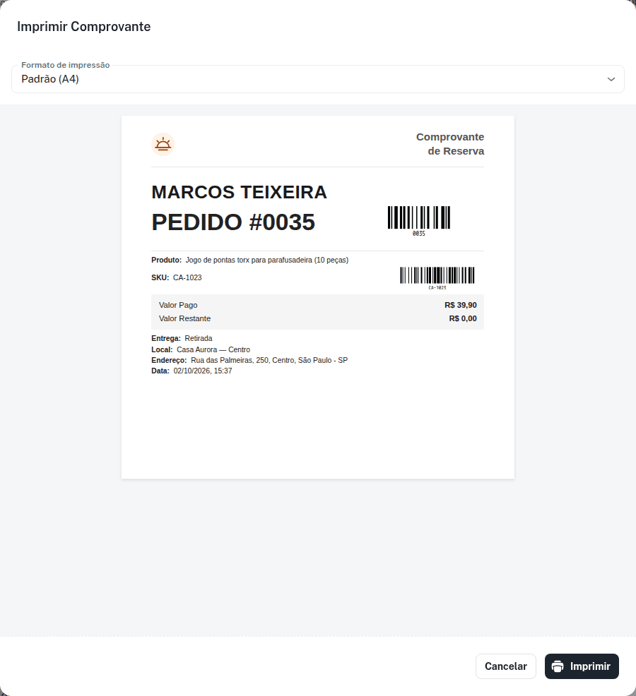 Diálogo Imprimir Comprovante com a escolha do formato de impressão e a prévia