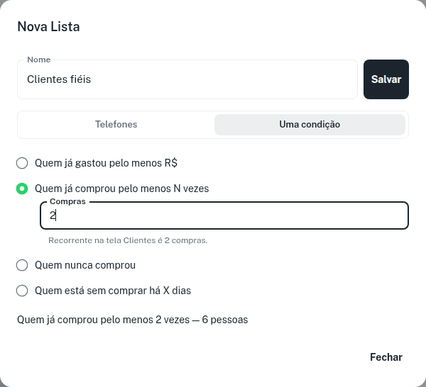 Diálogo Nova Lista com as opções Telefones e Uma condição
