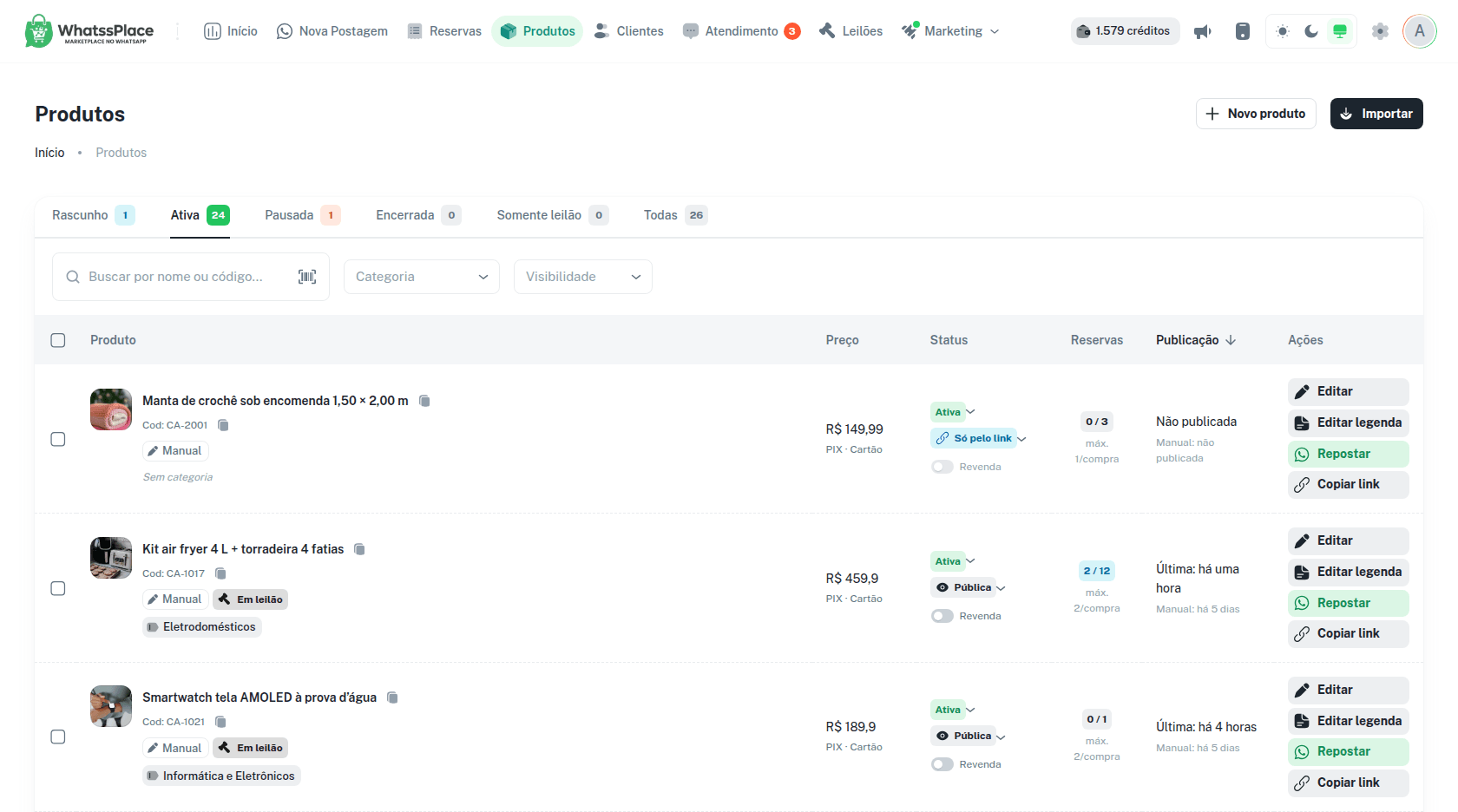Lista Produtos com status, visibilidade, reservas, publicação e ações