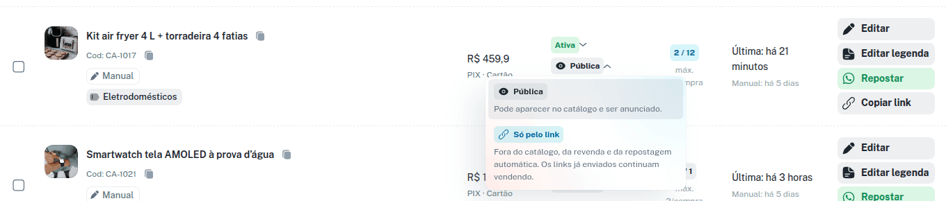 Seletor de visibilidade aberto na linha do produto, com Pública e Só pelo link