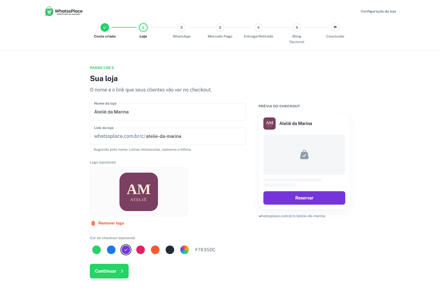 Passo Loja com nome, link, logo, cor do checkout e a prévia do checkout ao lado