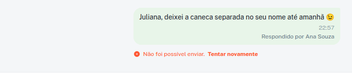 Mensagem com erro de envio e o botão Tentar novamente