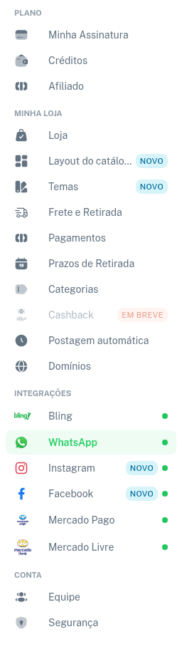 Menu de Configurações com o grupo Integrações e a situação de cada integração
