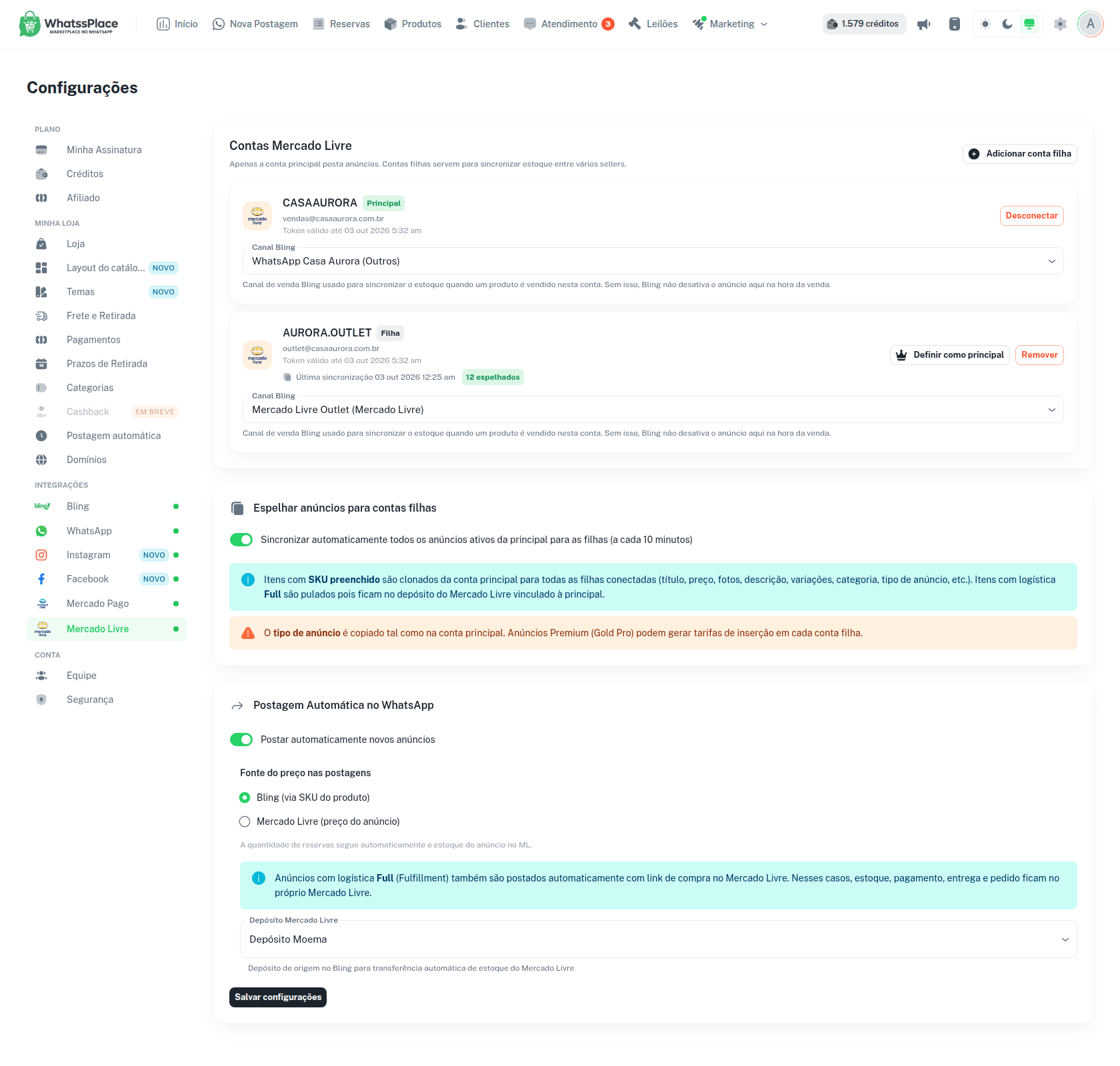 Tela do Mercado Livre com a conta principal, uma conta filha e a Postagem Automática no WhatsApp