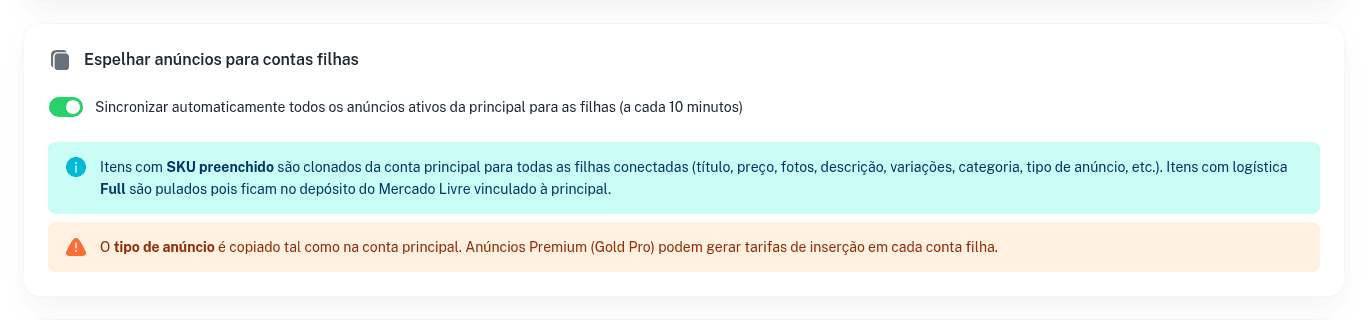 Cartão Espelhar anúncios para contas filhas ligado, com os avisos sobre SKU e tipo de anúncio