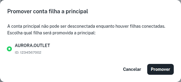 Janela Promover conta filha a principal com a lista de contas filhas