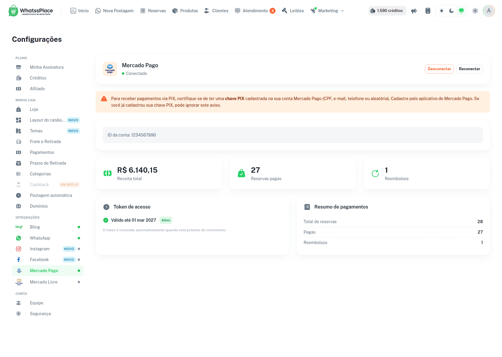 Tela da integração Mercado Pago conectada com os dados da conta, os números de pagamentos e o token