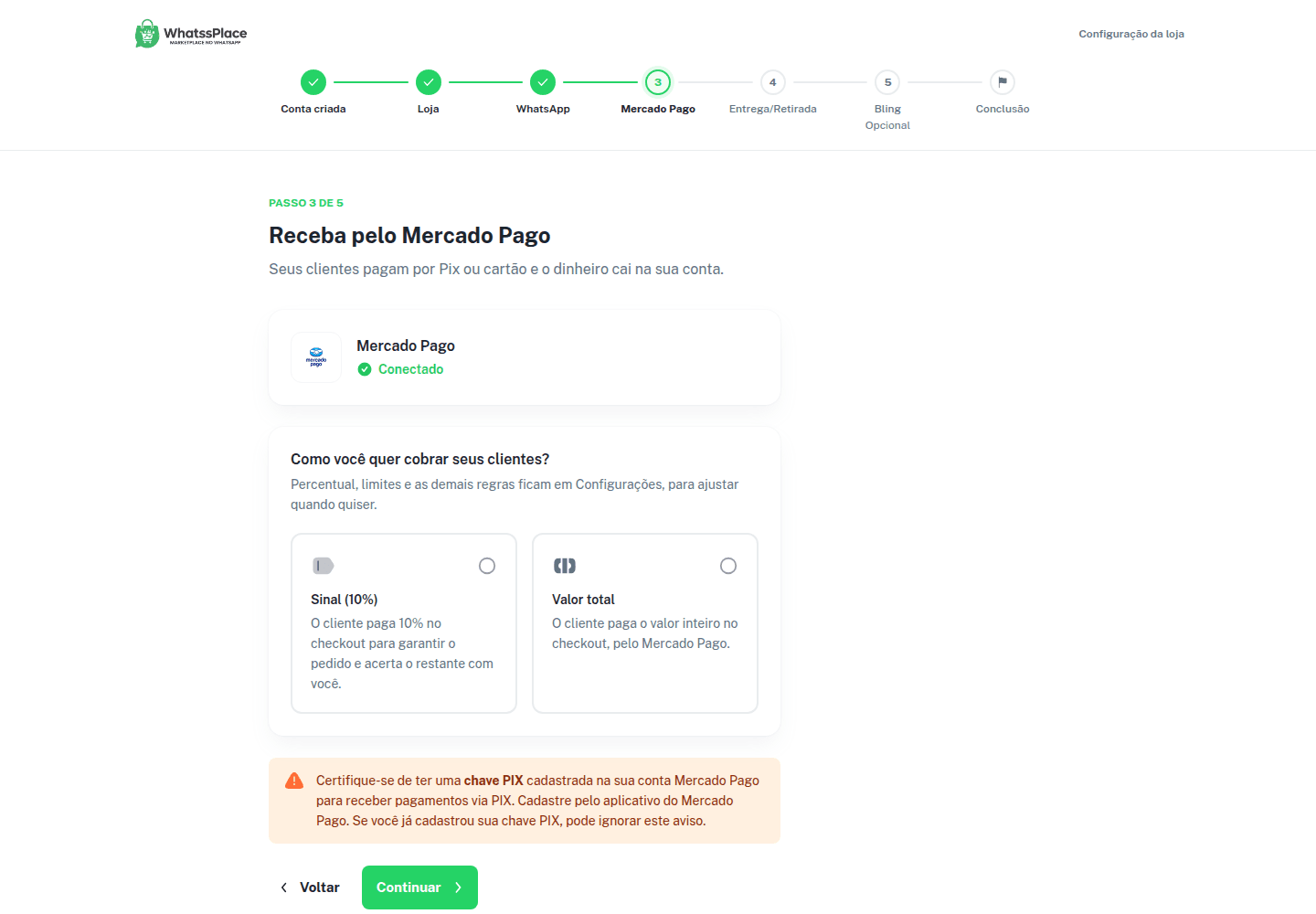 Passo Mercado Pago conectado, com a pergunta de cobrança e as opções Sinal (10%) e Valor total