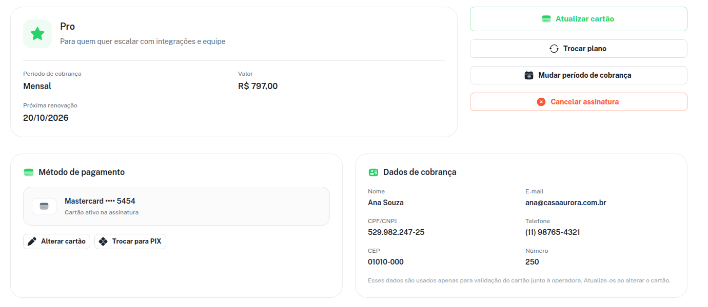 Minha Assinatura de uma loja no Pro: cartão do plano, botões Atualizar cartão, Trocar plano, Mudar período de cobrança e Cancelar assinatura, método de pagamento e dados de cobrança