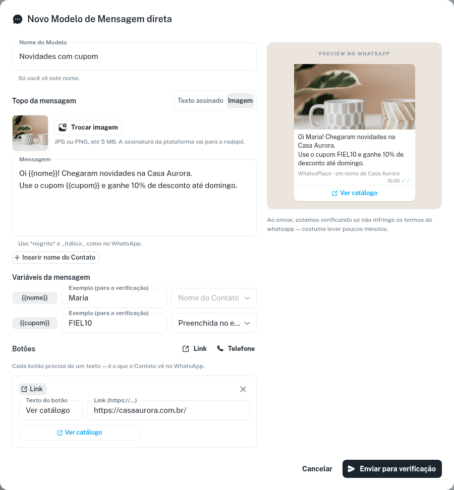 Formulário Novo Modelo de Mensagem direta com topo de imagem, variáveis e prévia