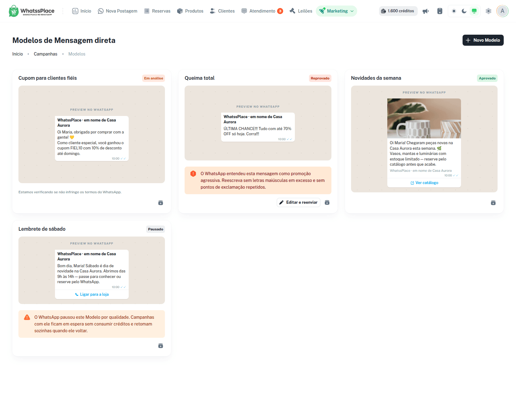 Biblioteca de Modelos de Mensagem direta com status de cada Modelo