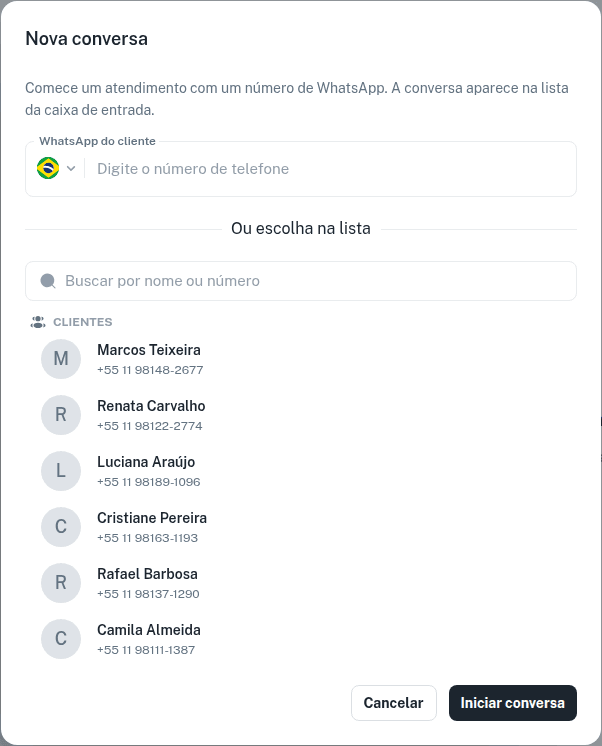 Janela Nova conversa com o campo WhatsApp do cliente, a busca e a lista de clientes da loja
