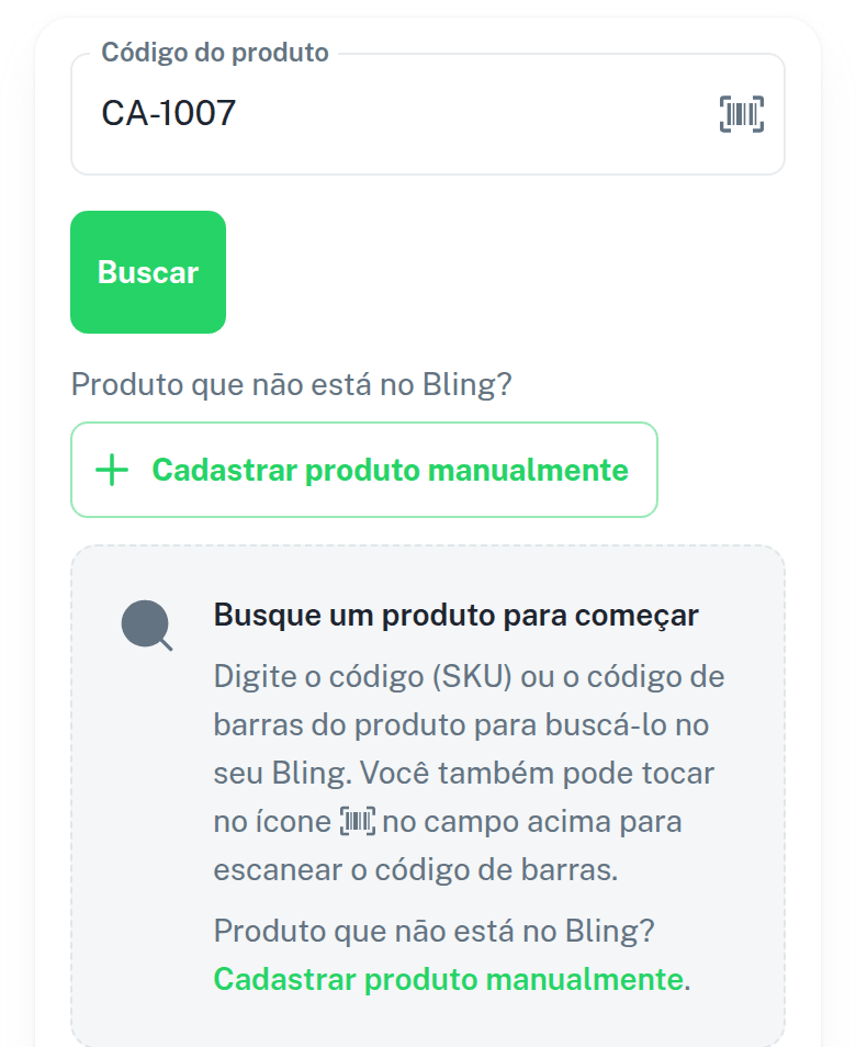 Campo Código do produto preenchido antes de clicar em Buscar, com o ícone do leitor de código de barras e o botão Cadastrar produto manualmente