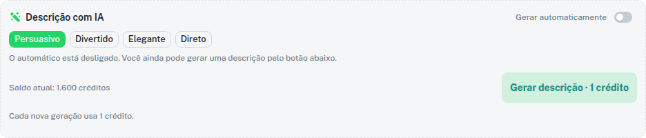 Quadro Descrição com IA com os tons e o botão de gerar