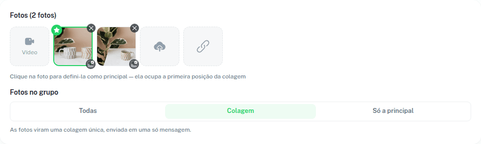 Seletor Fotos no grupo com as opções Todas, Colagem e Só a principal