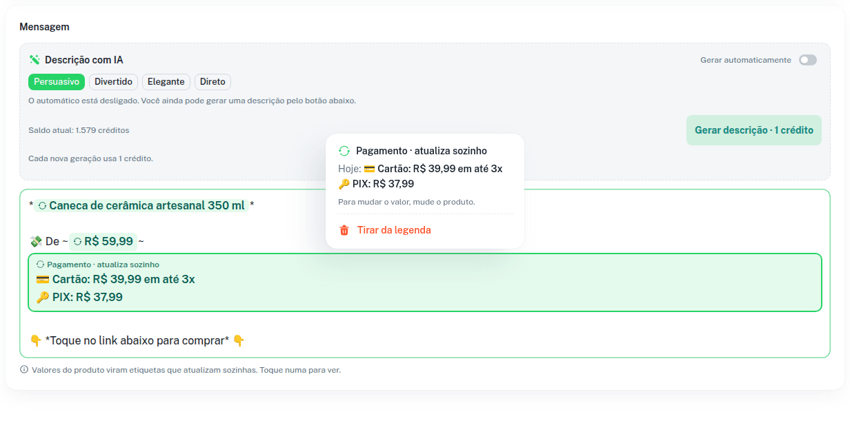 Mensagem com as etiquetas de preço e pagamento destacadas e o detalhe de uma etiqueta aberto