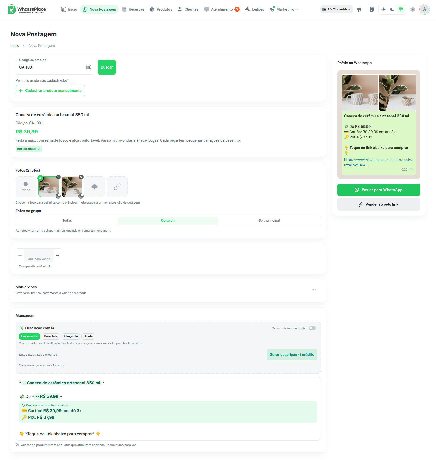 Nova Postagem com um produto preenchido: fotos, dados, mensagem e prévia no WhatsApp