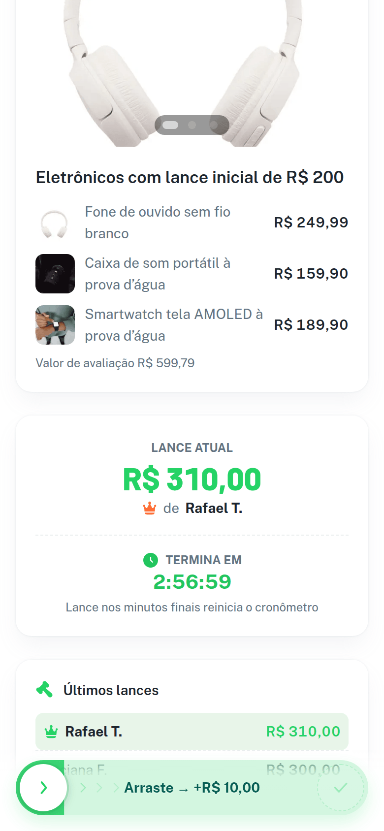 Página pública do leilão no celular com o lote, o lance atual, o cronômetro Termina em e o botão de arrastar para dar lance