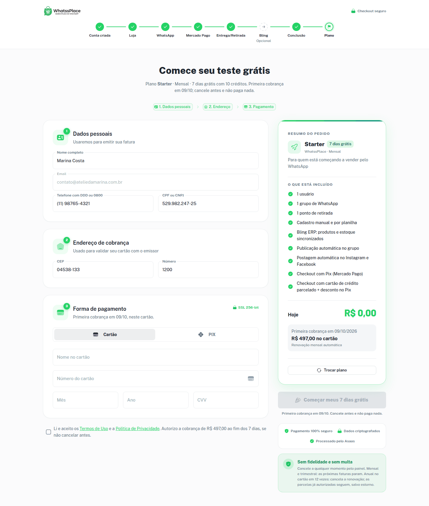 Checkout do teste com o resumo Hoje R$ 0,00 e a data da primeira cobrança