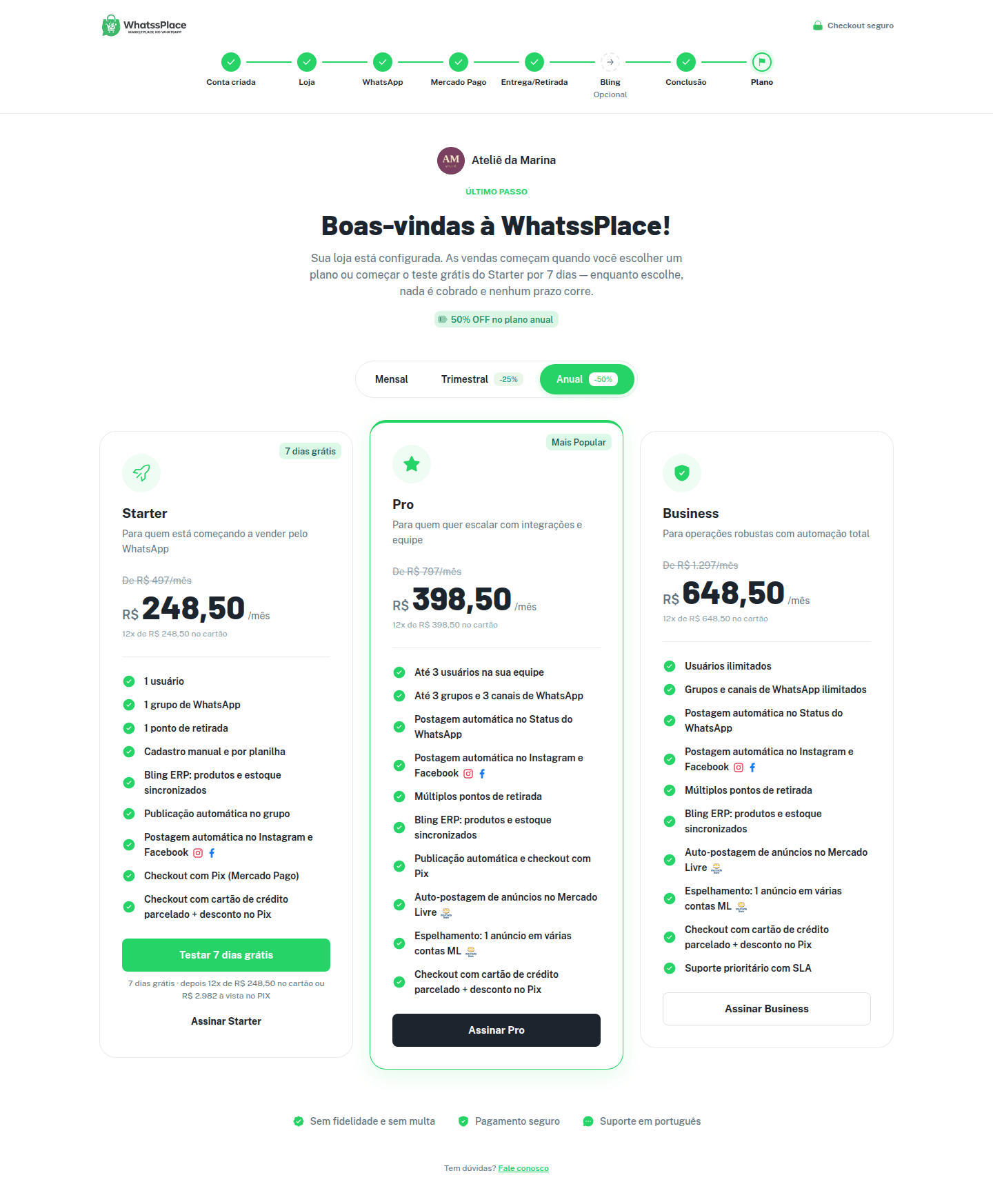 Etapa Plano com as boas-vindas, o seletor Mensal, Trimestral e Anual e os cartões Starter, Pro e Business